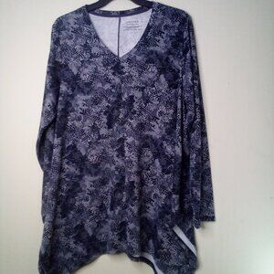 Uncover Shirt Tunic Women 1X Long Sleeve Irregular Hem Pattern Black Gray